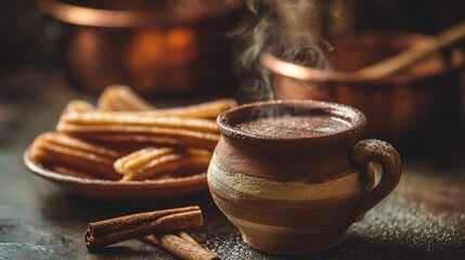 churros. A clay cup of hot chocolate with churros, capturing the warmth of Spanish National Day. menu design, packaging mockups, designed for culinary blogs and recipe cards for restaurants.