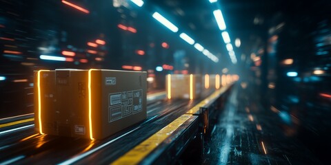 Cardboard boxes move on conveyor belt with futuristic neon lights background, concept for automated warehouse, supply chain management and fast delivery solutions