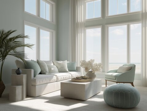 Fototapeta Modern living room with a large window that offers a beautiful view of the ocean. the room has a light blue color scheme with white walls and flooring.