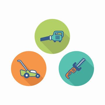 Gardening tools arranged on colorful circles representing lawn care equipment and maintenance, showcasing a clean and modern aesthetic.