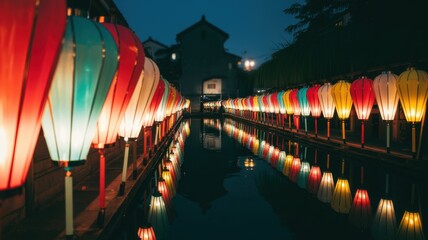 A serene canal illuminated by colorful lanterns at night creates a magical and enchanting ambiance in the old town district