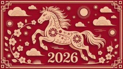 Obraz premium Festive chinese new year 2026 year of the horse illustration featuring a horse, flowers, clouds, and sun against a red background