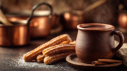 churros. A clay cup of hot chocolate with churros, capturing the warmth of Spanish National Day. menu design, packaging mockups, designed for culinary blogs and recipe cards for restaurants.