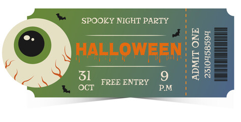 Halloween spooky night party invitation ticket vector with scary eyeball illustration, dripping horror text, bats, barcode, free entry pass design October 31 celebration, creepy event flyer template