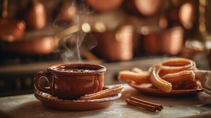 churros. A clay cup of hot chocolate with churros, capturing the warmth of Spanish National Day. menu design, packaging mockups, designed for culinary blogs and recipe cards for restaurants.