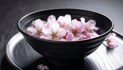Delicate pink cherry blossoms in a black bowl