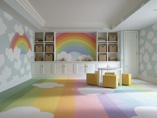 Colorful children's room with a rainbow-themed theme. the walls are painted in a light blue color with white clouds scattered throughout.