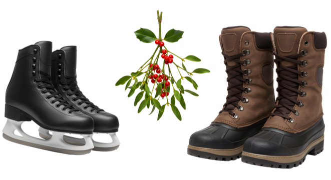 Pair of black ice skates and brown winter boots with mistletoe in the center, perfect for winter holidays and outdoor activities