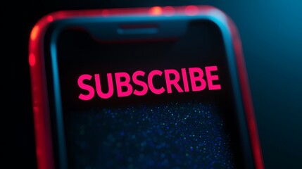 A close-up of a smartphone screen displaying the word "SUBSCRIBE" in bright red letters against a dark, sparkly background.