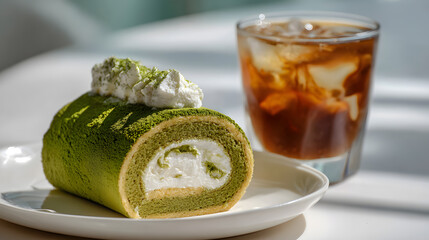Slice of matcha roll cake with cream filling with iced coffee