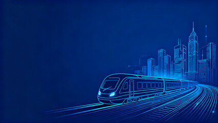 Blue background high-speed train heading towards city