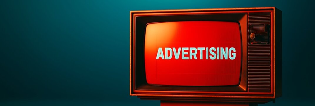 A vintage television displaying the word "ADVERTISING" in bold, showcasing retro aesthetics against a teal background. - Powered by Adobe