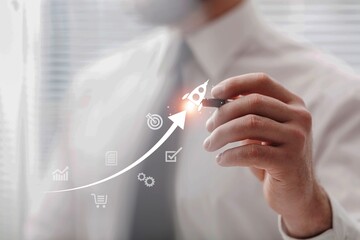 Business Growth and Digital Solutions, man hold rocket icon