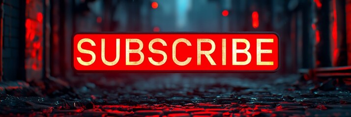 A neon "SUBSCRIBE" sign glowing in a dimly lit alley, creating a striking contrast against the dark surroundings.