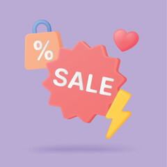 Bright 3d sale badge with percent shopping bag heart and lightning for discounts promotions marketing campaigns and ecommerce banners on purple background vector illustration