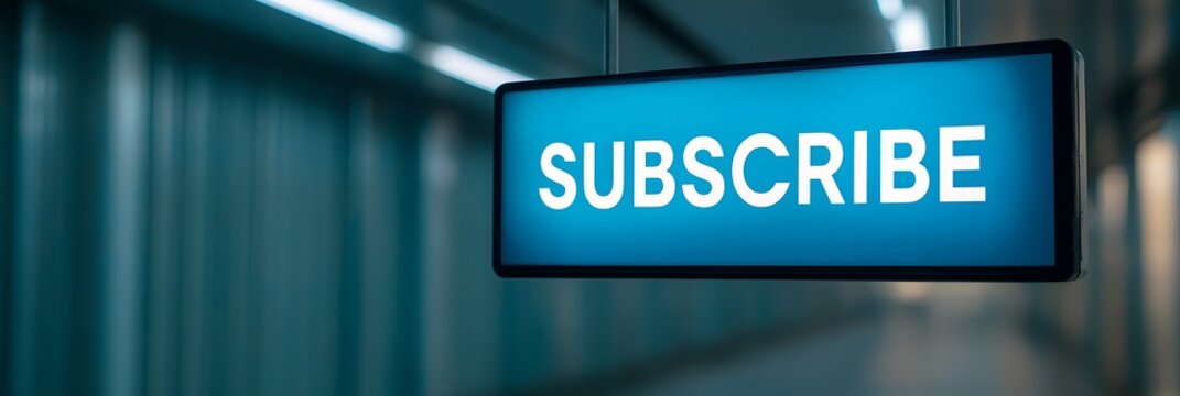 A digital sign displaying the word "SUBSCRIBE" in bold letters, set against a cool-toned background, likely in a modern environment.