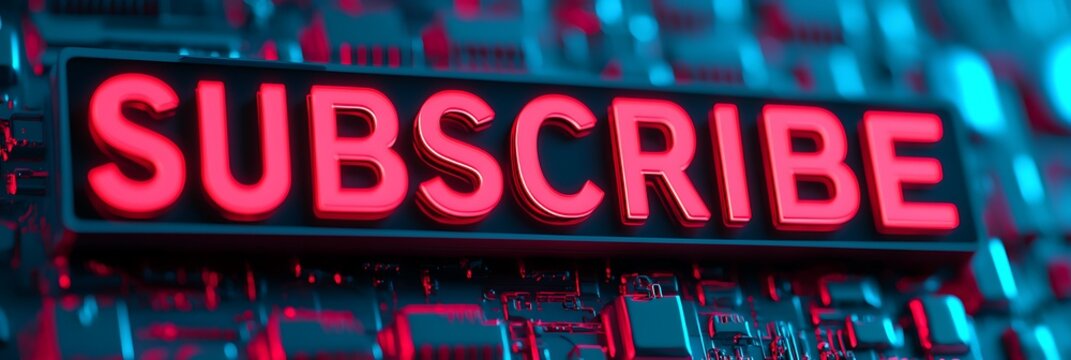 A bright, glowing "SUBSCRIBE" button against a high-tech, digital background, emphasizing online engagement and connectivity in the digital world.