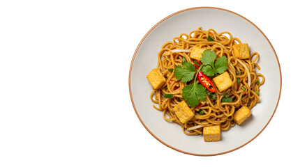 Plate of stir-fried noodles with tofu, chili, and fresh herbs on white background, healthy Asian vegetarian meal, perfect for dinner recipes