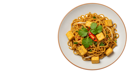 Plate of stir-fried noodles with tofu, chili, and fresh herbs on white background, healthy Asian vegetarian meal, perfect for dinner recipes