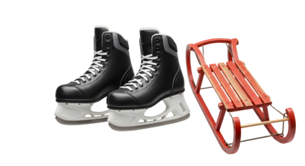 Black ice skates and a red wooden sled on white background, winter sports and recreational equipment perfect for outdoor winter fun