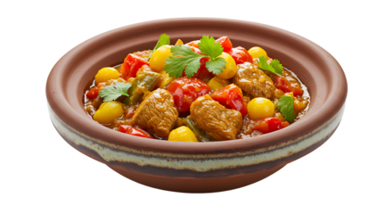 A traditional Moroccan tagine stew with tender meat, tomatoes, chickpeas, and fresh cilantro served in an authentic earthenware pot isolated on white