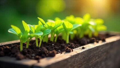 A vibrant array of colorful seedlings bursting from rich soil in a rustic wooden planter box, ready for spring planting Sunlight illuminates the healthy growth , gardening, healthy
