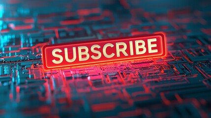 A vibrant digital graphic featuring a glowing "SUBSCRIBE" button on a circuit board background, emphasizing technology and online engagement.