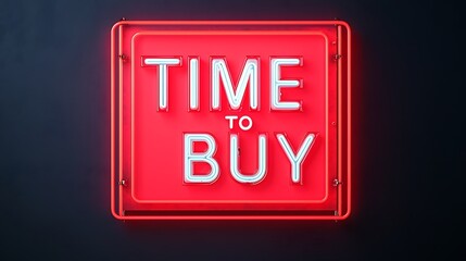 A bright neon sign reads "TIME TO BUY," emphasizing urgency in a shopping context with a vibrant red background.