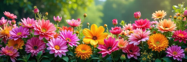 Obraz premium A vibrant, overflowing flower bed designed like a bouquet, bursting with color and a profusion of blooms Perfect for garden, floral, and nature themes , flower bed, colors, flower power