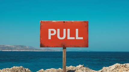 A bright red sign with the word "PULL" stands against a clear blue sky and ocean backdrop, suggesting guidance or instruction near the water.