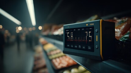 Medium shot of a smart shelf with embedded sensors actively scanning stock levels main object in crisp focus and outoffocus retail environment behind.