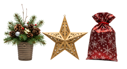 Christmas decorations with pine cone arrangement, wooden star ornament, and red gift bag with snowflake pattern, perfect for holiday decor