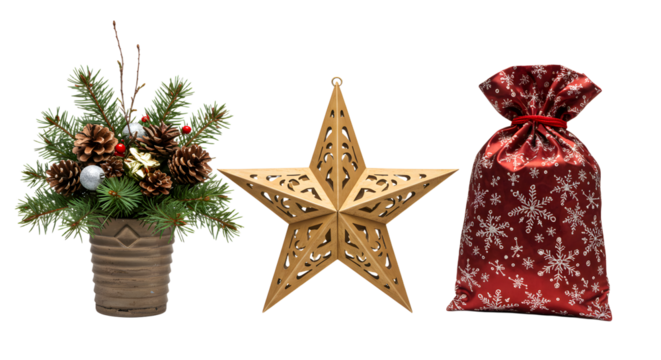 Christmas decorations with pine cone arrangement, wooden star ornament, and red gift bag with snowflake pattern, perfect for holiday decor