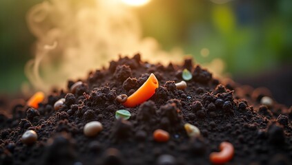 A macro close-up of seeds on a pile of fertile soil, ready for planting, symbolizing growth, new beginnings, and agriculture.