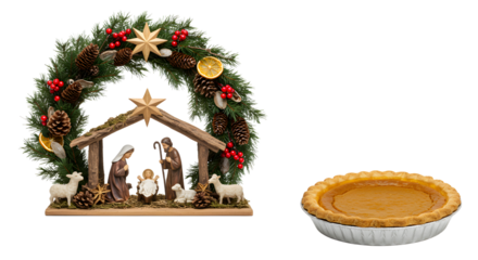 Christmas nativity scene with wooden figurines and festive wreath alongside a pumpkin pie, perfect for holiday celebration visuals