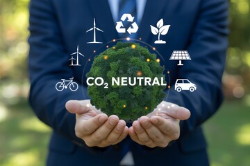 Businessman holding CO2 Neutral Earth Globe Sustainable development concept Green technology icons Vector illustration