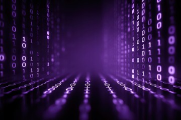 Abstract purple binary code data flowing in a digital tunnel background.
