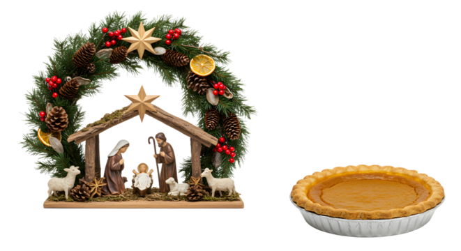 Christmas nativity scene with wooden figurines and festive wreath alongside a pumpkin pie, perfect for holiday celebration visuals
