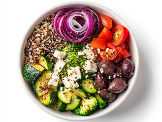 Healthy vegetarian salad bowl featuring vibrant vegetables like zucchini, tomatoes, red onion,...