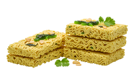 Stack of uncooked instant ramen noodles garnished with fresh green herbs and peanuts on white background, ideal for food and cooking content