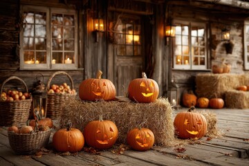 Obraz premium Rustic porch scene with glowing jack-o'-lanterns for a cozy Halloween.