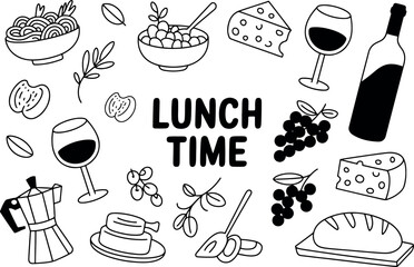 Whimsical Lunch Time Doodle Featuring Food and Drink Elements in Black and White for Creative Projects and Designs