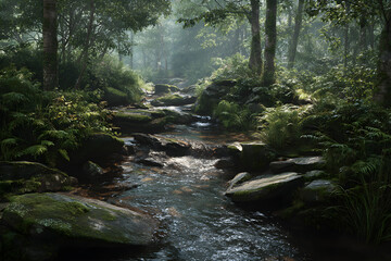 Obraz premium Tranquil Symphony of Natur: The Serene and Soothing ounds of Babbling Forest Sreams Amidst Lush Greenery Offering a Retreat into Nture's Bliss