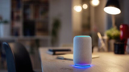Voiceactivated home assistant device in a modern office setup microphone lit up as user issues command with tidy desk and chair softly blurred.