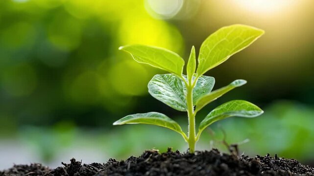 A small seedling sprouting from dark soil with green leaves reaching toward sunlight.