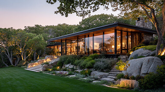 Modern wood frame house with large windows surrounded by lush landscape, showcasing a harmonious blend of architecture and nature in a tranquil setting