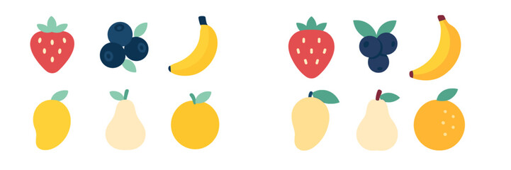Colorful collection of fruits including strawberries, blueberries, bananas, and oranges arranged in a playful pattern