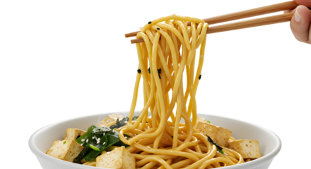 Close-up of hand holding chopsticks lifting noodles from a bowl with tofu and vegetables, perfect for Asian cuisine menus