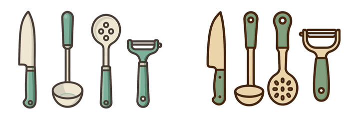 Various kitchen utensils displayed in a simple layout for cooking and food preparation activities