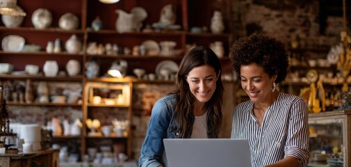 The Women Running a Small Ceramic Shop Reviewing Orders on a Laptop
